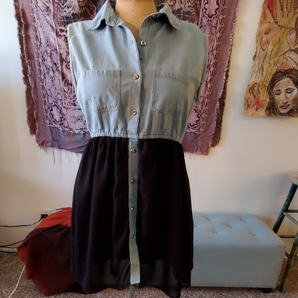 Rebellion Dresses & Skirts - Rebellion XL chambray, lace & sheer black dress